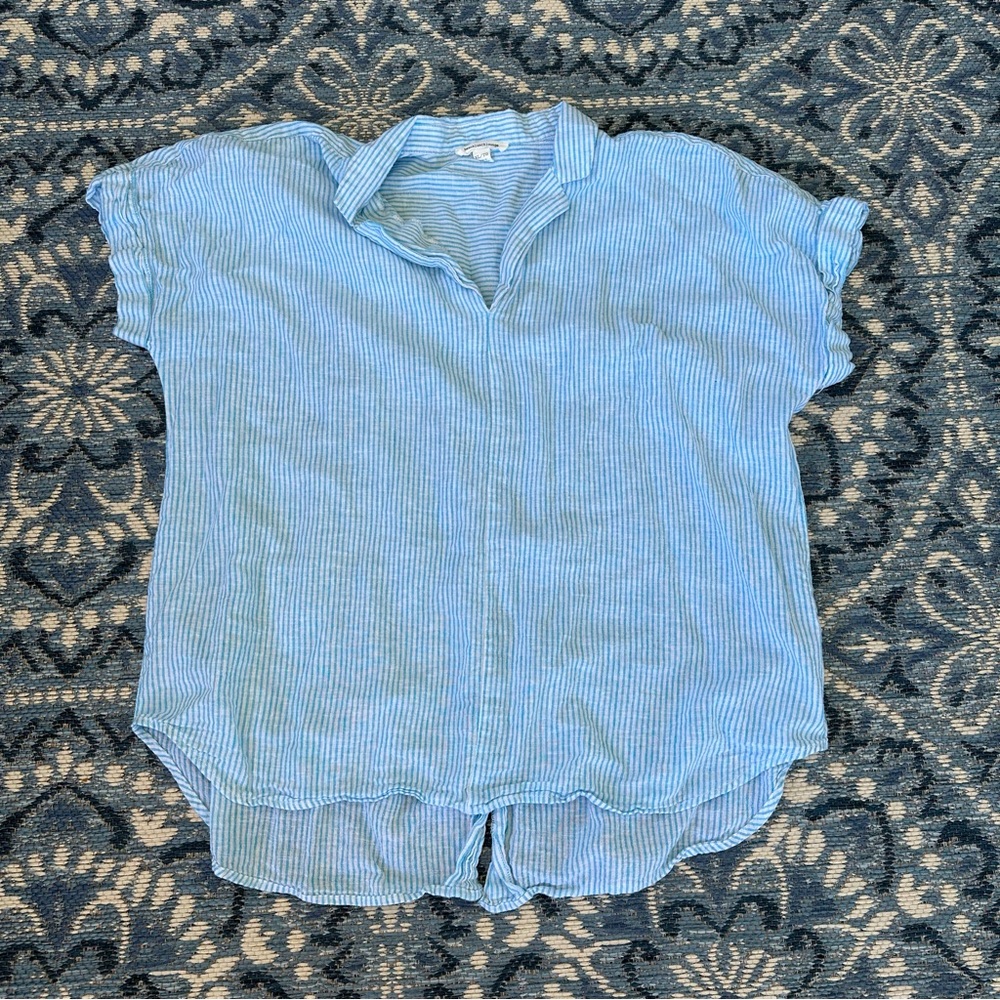 Beachlunchlounge‎ Seersucker Blue Striped Blouse - XL - Linen Blend